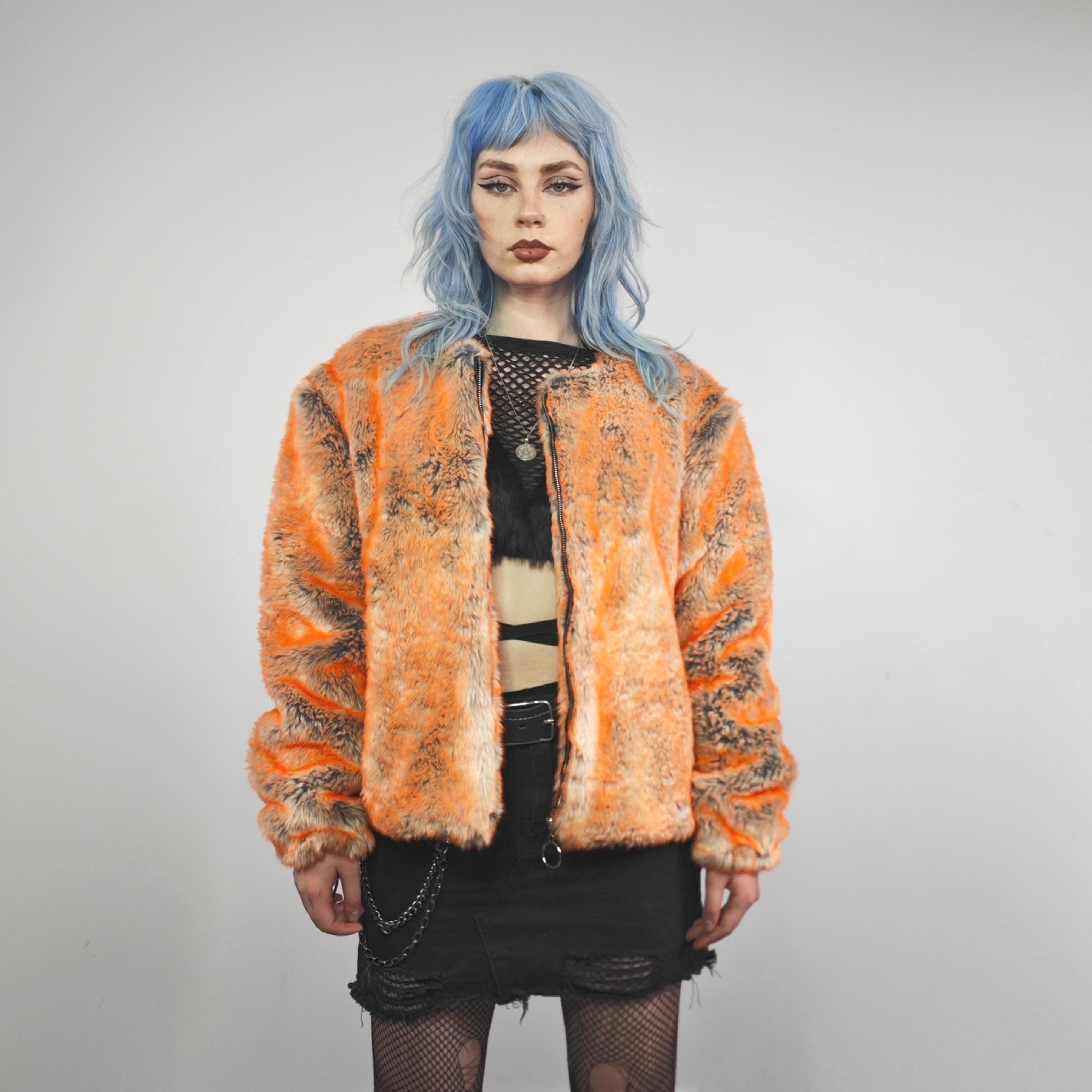 BURNINGS SHO 十字架 fur jacket 平成 y2k Orange Cropped Coat Faux Fur Neon Fluffy Collarless Jacket 90s