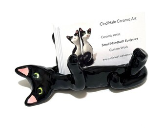 Black Cat Figurine, Business Card Holder, Office Decor, Pet Lovers Gift, Handmade Ceramics