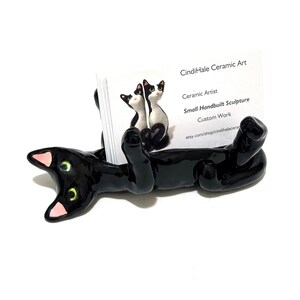 Black Cat Figurine, Business Card Holder, Office Decor, Pet Lovers Gift, Handmade Ceramics