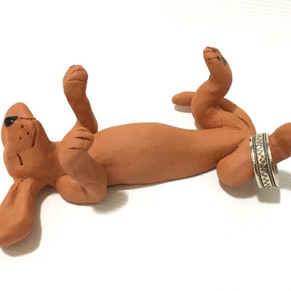 Dachshund Ring Holder, Hand-Built Dachshund Sculpture on Back