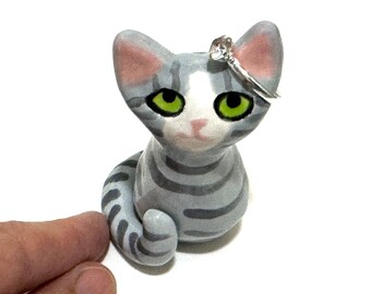 Gray Tabby Cat Figurine, Animal Ring Holder, Cat Cake Topper, Handmade Ceramics