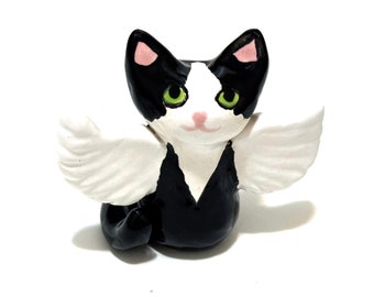 Tuxedo Cat Angel, Pet Loss Gift, Cat Memorial Figurine, Handmade Ceramics