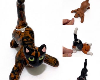 Custom Pet Sculpture, Stretching Dog or Cat Figurine, Wedding Cake Topper, Animal Ring Holder, Engagement Gift, Handmade Ceramics