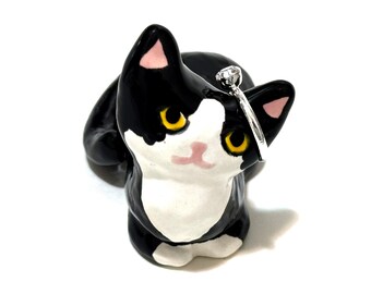 Tuxedo Cat Ring Holder, Gift for Mom, Cat Cake Topper, Handmade Ceramics