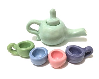 Tea Party Set, Miniature Ceramics, Decorative Teapot Collection, Handbuilt Sculpture