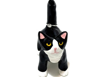 Tuxedo Cat Figurine, Gift for Mom, Animal Cake Topper, Cat Ring Holder, Handmade Ceramics