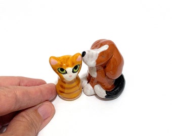 Miniature Dollhouse Pets, Beagle and Orange Tabby Cat, Animal Cake Toppers, Handmade Ceramics