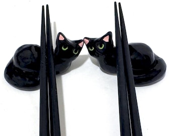 Black Cat Chopstick Rests, Handmade Ceramic Sculpture, Sushi-Lovers' Gift, Asian Cuisine