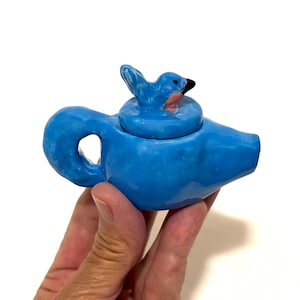 Miniature Ceramic Teapot, Blue Pottery, Hand Built Ceramics, Bluebird Sculpture, Dollhouse Decor