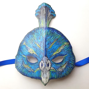 Pfau-Maske: Original Illustration, blaue Satinschleife