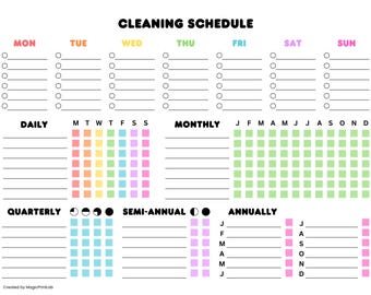 May include: A printable cleaning schedule with a colorful rainbow design. The schedule includes daily, weekly, monthly, quarterly, semi-annual, and annual cleaning tasks.