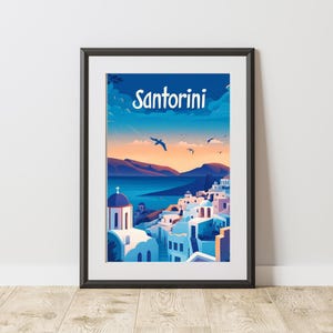 Impresiones de viajes a Grecia, arte de la isla azul de Santorini, ilustración de retrato minimalista, regalo de viajero, decoración