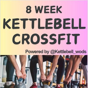 May include: Three people are working out with kettlebells in a gym. The image is captioned "8 WEEK KETTLEBELL CROSSFIT Powered by @Kettlebell_woods".