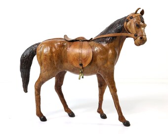 Vintage Leather Horse Sculpture with Saddle