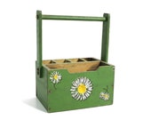 Vintage Wooden Silverware Utensil Caddy - Green - Daisies
