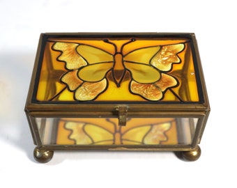 Small Vintage Glass Jewelry Box with Butterfly Stained Glass