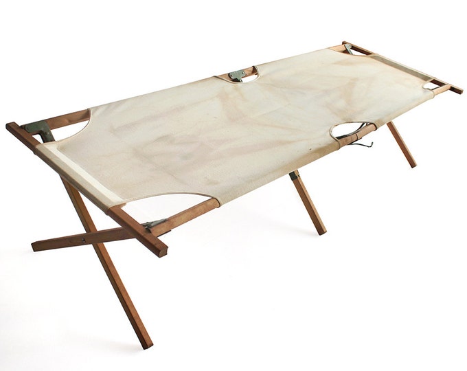 Vintage WWII Era Cot Wooden / Canvas Folding Cot Telescope Folding