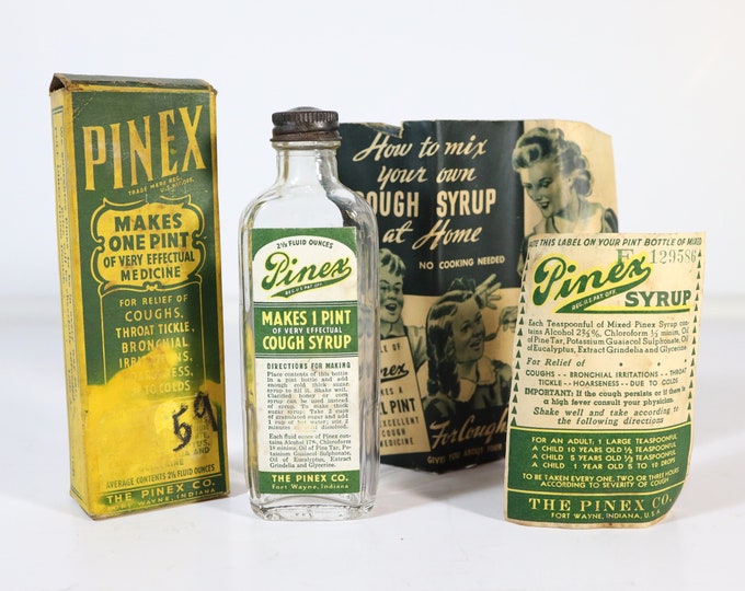 Vintage Pinex Cough Syrup Glass Medicine Bottle and Original Packaging