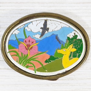 Vintage Brass Belt Buckle With Bright Enamel Painted Outdoor Scene