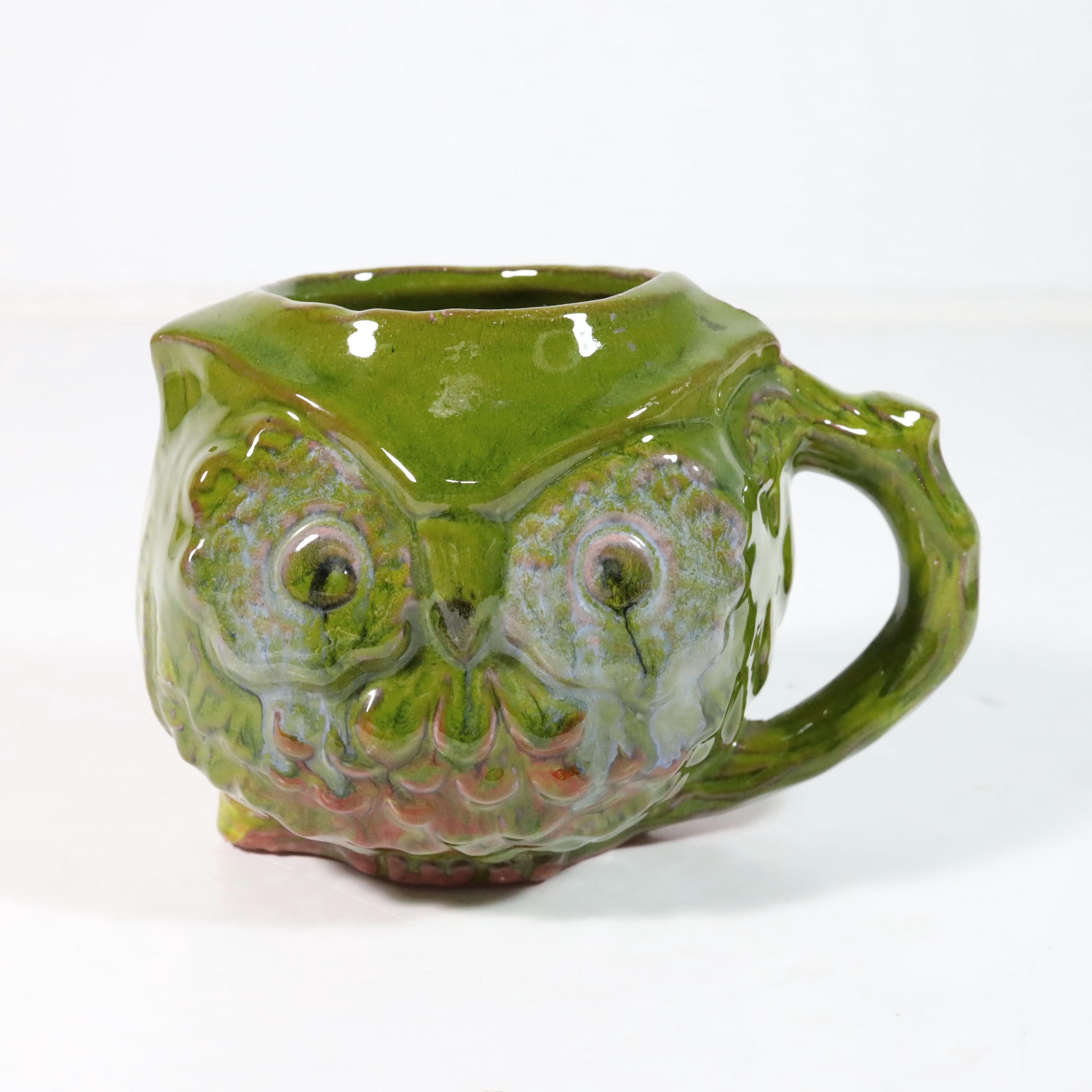 Pacific Stoneware Owl Mug 1969 – Vintage Green Ceramic Mug – Retro Mid Century Pottery C
