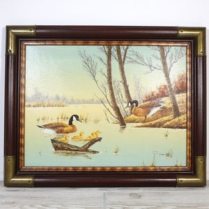 R Smith Original Vintage Oil Painting Framed - Canadian Geese Lake Scene