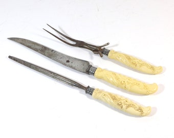 Vintage 3-Piece Landers Frary & Clark Sterling Silver Carving Knife Set with Celluloid Handles