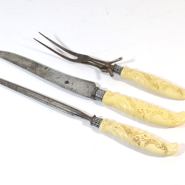 Vintage 3-Piece Landers Frary & Clark Sterling Silver Carving Knife Set with Celluloid Handles