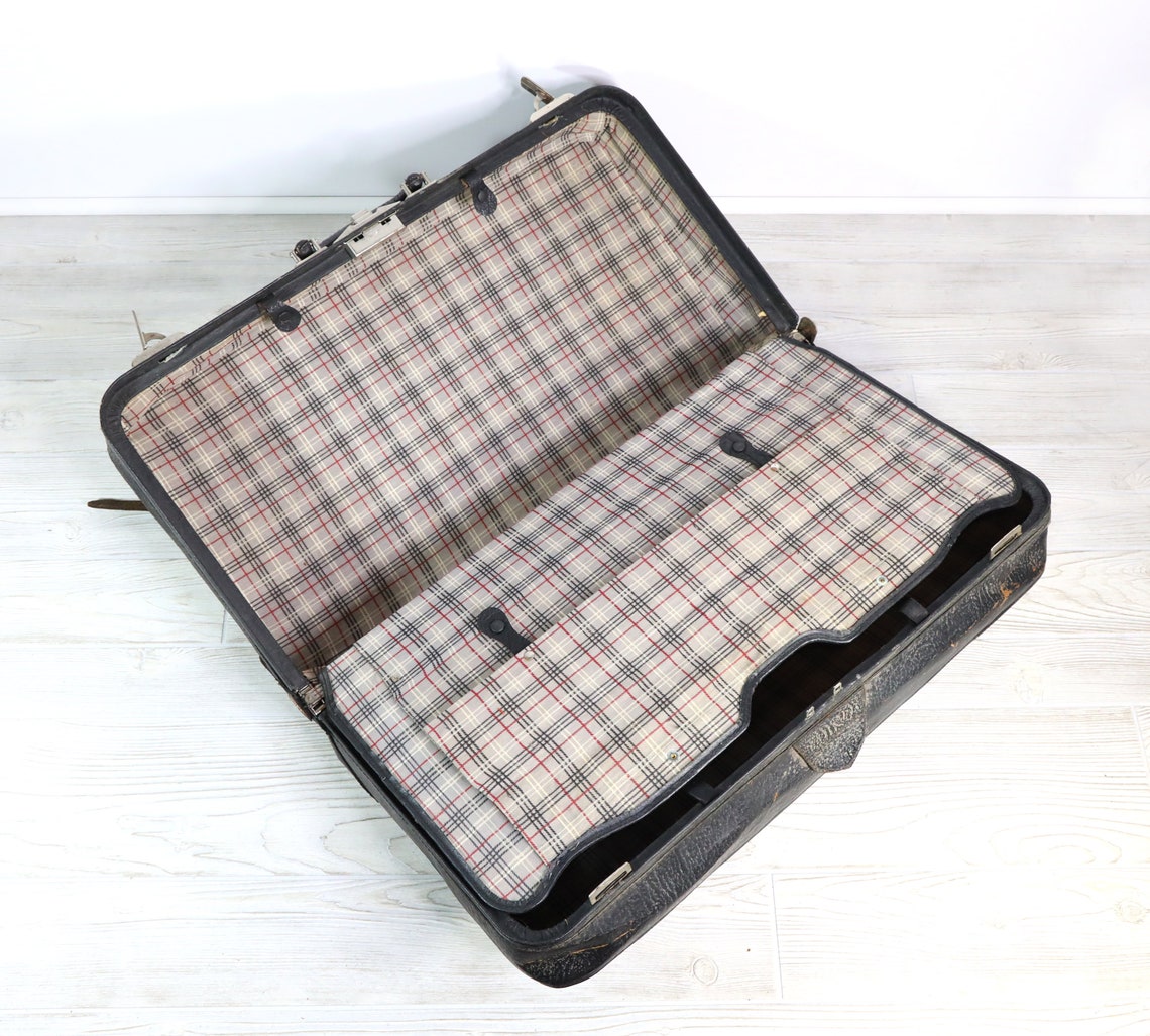 Large Antique Cowhide Leather Luggage Suitcase Etsy