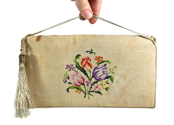 Antique Needlepoint Clutch - Handmade - image 1