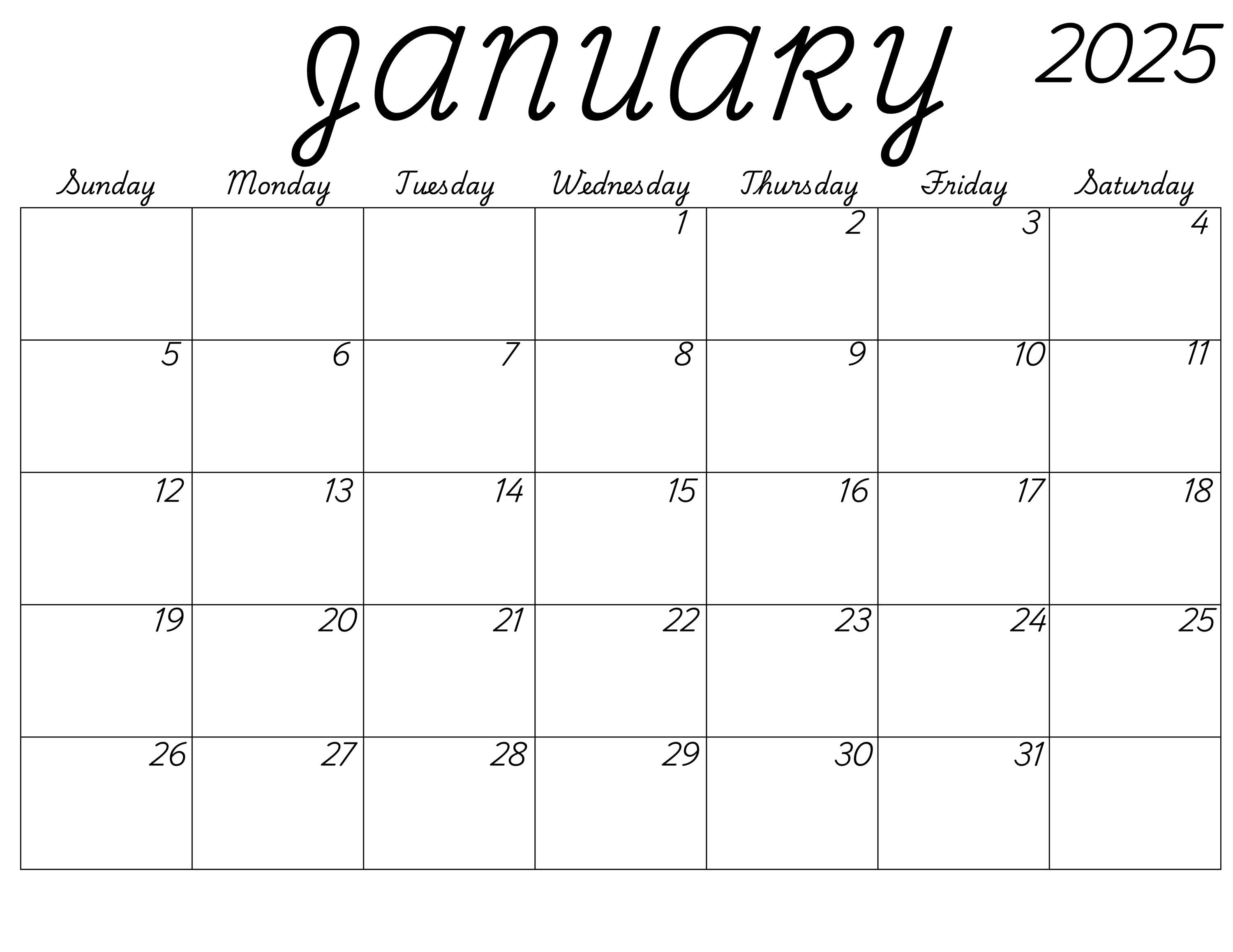 2025 Monthly Calendar: Printable & Editable Canva Template in Script