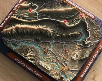Roanoke Basin Virginia Triple Crown Appalachian Trail 3D Topographic Push Pin Terrain Map with NFC Personalized Gift and Achievement Tracker