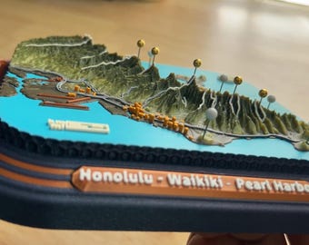 Oahu Hawaii South End Honolulu Waikiki Ko'olau Mtns, 3D Topographic Push Pin Terrain Map with NFC, Personalized Gift and Achievement Tracker