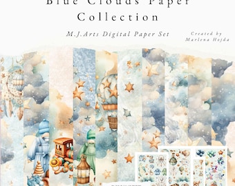 BLUE CLOUDS Paper Set A4, Blue Clouds, cloud paper, printing paper, birthday, first birthday, baptism, star pattern, boy, child