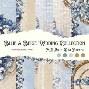 Blaue und beige Hochzeitskollektion JPEG A4 Papier Cupcakes, blaue Blumenpapiere, Hochzeit, Hochzeitsempfang, Taufe, Kommunion, Druckpapier