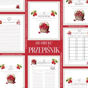 May include: A digital printable recipe book with a red and white design. The recipe book includes sections for shopping lists, weekly meal planners, and dessert recipes. The cover features a basket of raspberries. Text includes "Recipe Book" and "Printable".