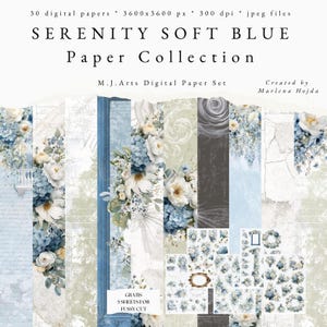 Puede incluir: Un conjunto de papeles digitales titulado "Serenity Soft Blue Paper Collection" de M.J. Arts. La imagen muestra 30 papeles digitales con diseños florales y acuarelas en tonos azules, blancos y grises. También se ve el texto "GRATIS 5 SHEETS FOR FUSSY CUT".
