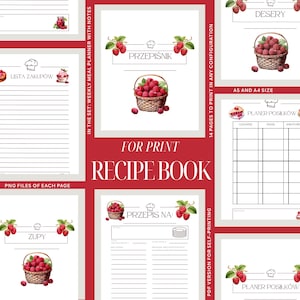 May include: A digital recipe book with a red and white design. The cover features the word "PRZEPIŚNIK" and a basket of raspberries. The book includes pages for meal planning, shopping lists, and recipes. The text "FOR PRINT RECIPE BOOK" is also visible.