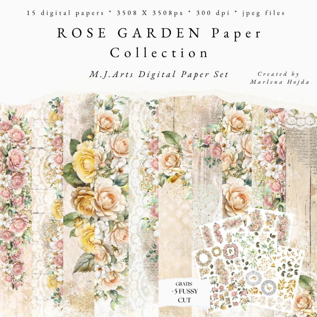 Rose Garden Digital Paper Pack – Vintage Floral Scrapbook Paper, Junk ...
