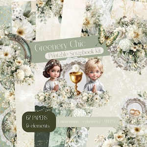 Może przedstawiać: Cyfrowy zestaw do scrapbookingu "Greenery Chic" o estetyce vintage. Projekt zawiera kompozycje kwiatowe, motyla i ilustracje dzieci. Zestaw zawiera 67 papierów i elementów, idealnych do scrapbookingu.