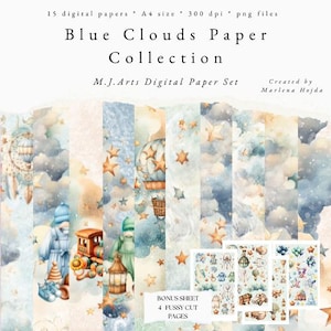 BLAUWE WOLKEN Papierset A4, Blauwe Wolken, wolkenpapier, printpapier, verjaardag, eerste verjaardag, doop, sterrenpatroon, jongen, kind