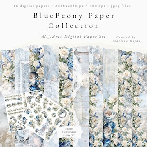 Conjunto de papéis digitais BluePeony, Primavera, Aquarela, Scrapbooking, Álbum, casamento, comunhão, batizado, aniversário, primeiro aniversário, crisma