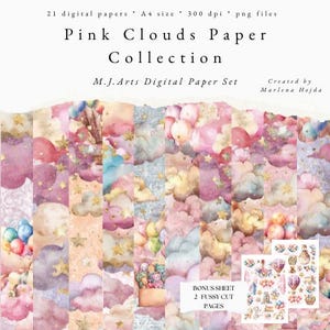 Roze Wolken Papierset A4, roze wolken, wolkenpapier, printbaar papier, verjaardag, 1e verjaardag, doop, sterrenpatroon, meisje, kind