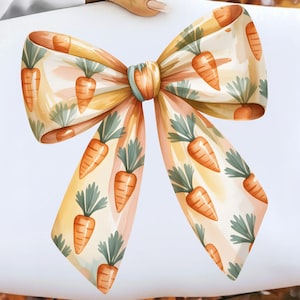 Peut inclure: Un grand nœud décoratif avec un motif aquarelle de carottes et de feuilles vertes sur fond crème. Le nœud présente des tons orange, jaune et pêche, avec un nœud central et des rubans flottants. Idéal pour la décoration de Pâques ou de printemps.