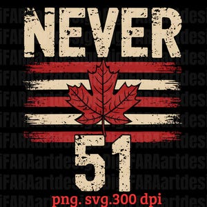 Peut inclure: Un graphique rouge, blanc et beige avec le texte "NEVER 51" et une feuille d'érable rouge. Le graphique a un aspect vieilli et délabré.