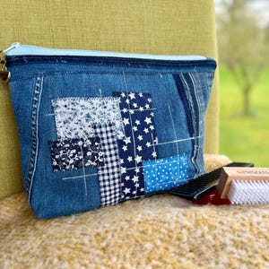 Upcycled Denim Cosmetic Bag | Patchwork Jean Pouch, Contrast Stitching, Travel Toiletry Case