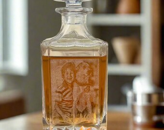 Custom Engraved 750ml Square Whiskey Decanter - Personalized Glass Barware with Your Photo or Design