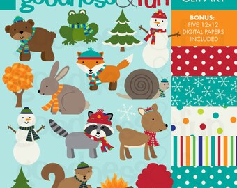 Winter Friends Animals Clipart  -  Digital Winter Friends Animals Clipart - Instant Download