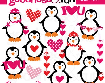 Valentine Penguins Clipart - Digital Valentine Clipart  - Instant Download