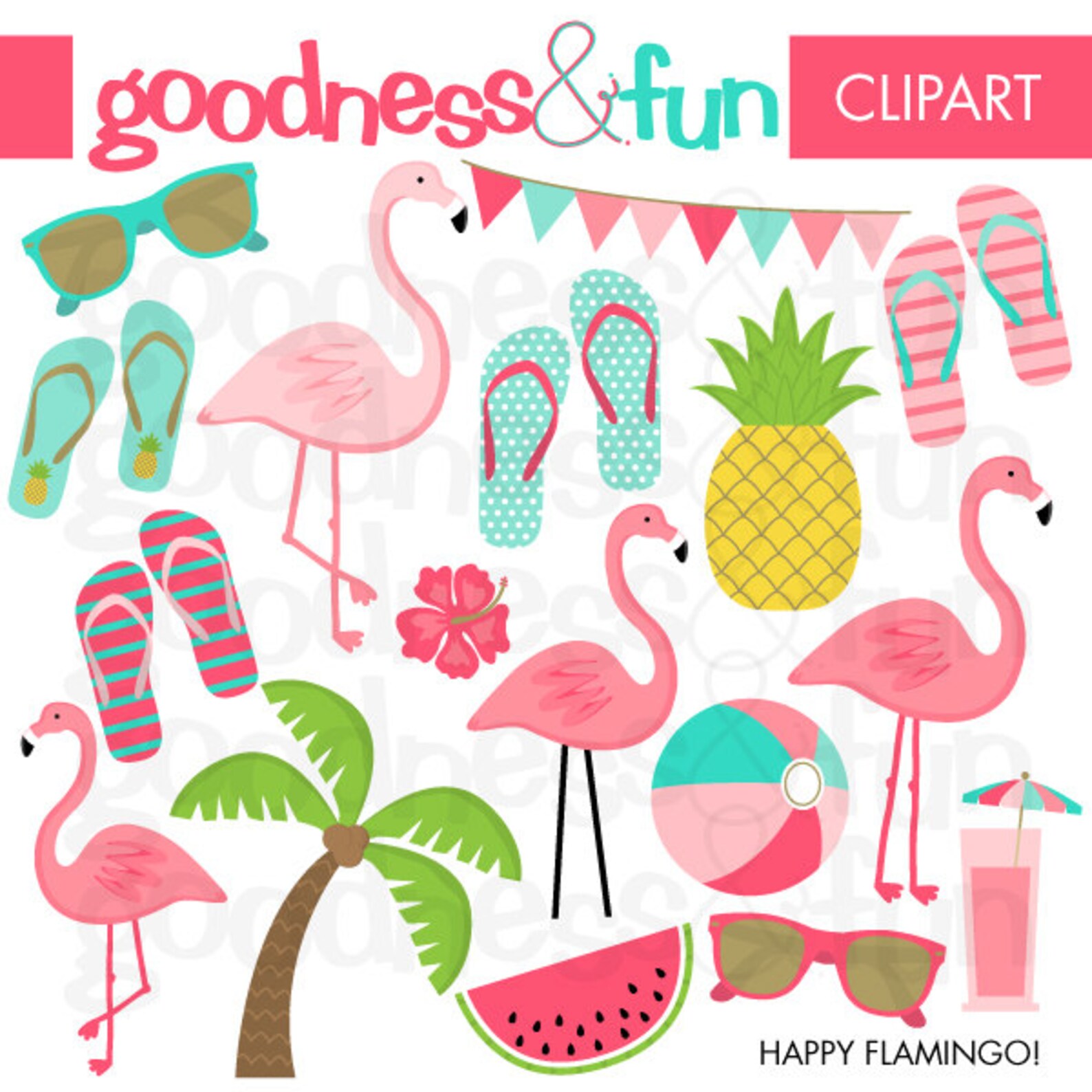 Buy 2 Get 1 FREE Happy Flamingo Clipart Digital Summer image 0.