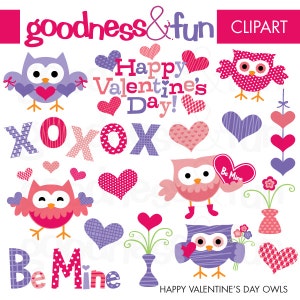 Happy Valentine's Day Owls Clipart - Digital Valentine Clipart - Instant Download